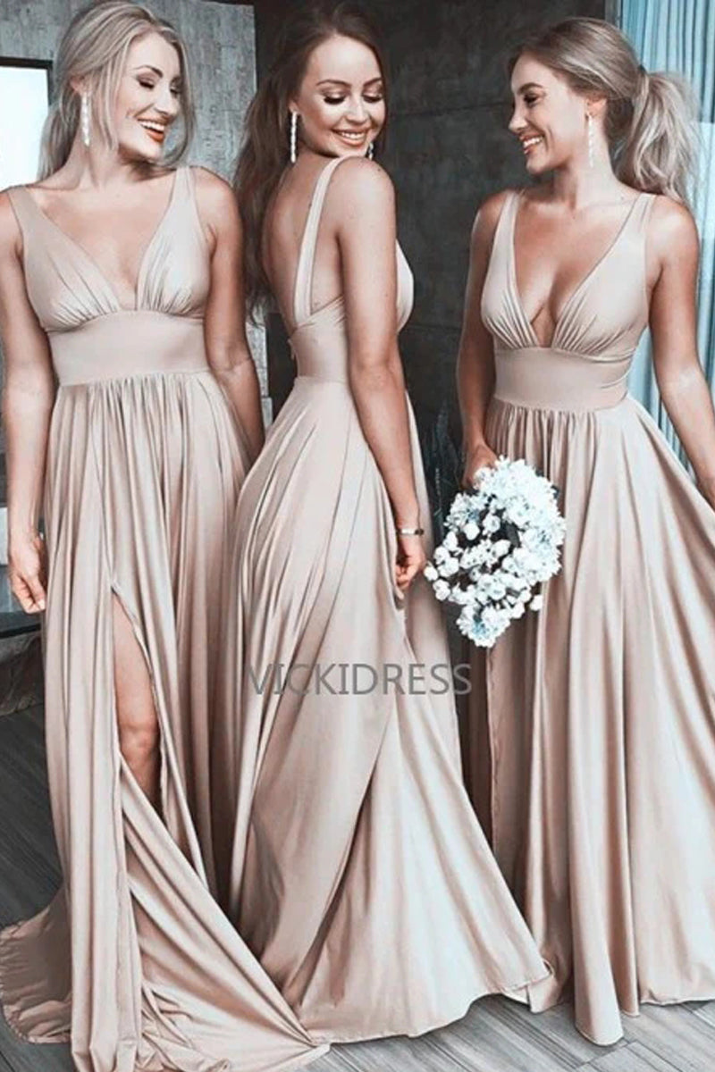 A-Line V-Neck Sweep Train Champagne Bridesmaid Dress with Pleats Split VK0101023