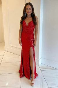 Cute Mermaid V Neck Red Sequins Long Prom Dresses with Appliques VK23011904