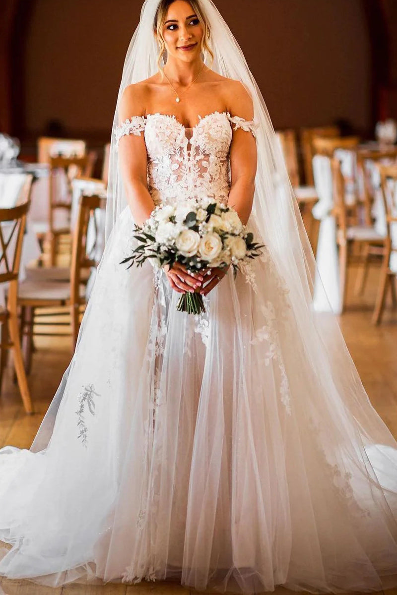 Fashion A Line Off the Shoulder Tulle Wedding Dresses with Lace Appliques VK23051704