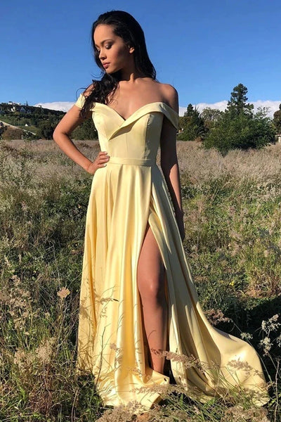 Charming A-Line Off the Shoulder Yellow Satin Long Prom Dresses with Slit VK0118015