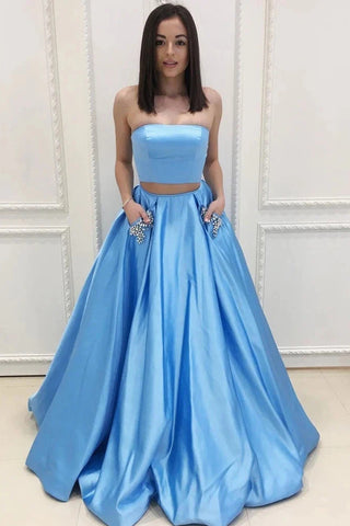 A-Line Two Piece Sky Blue Satin Prom Dresses with Beaded Pockets VK0115020