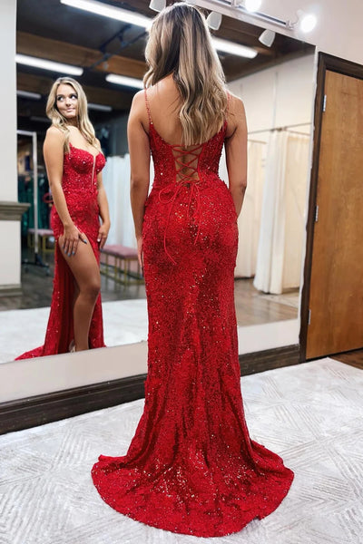 Red Spaghetti Straps Appliques Prom Dress with Slit VK23100310