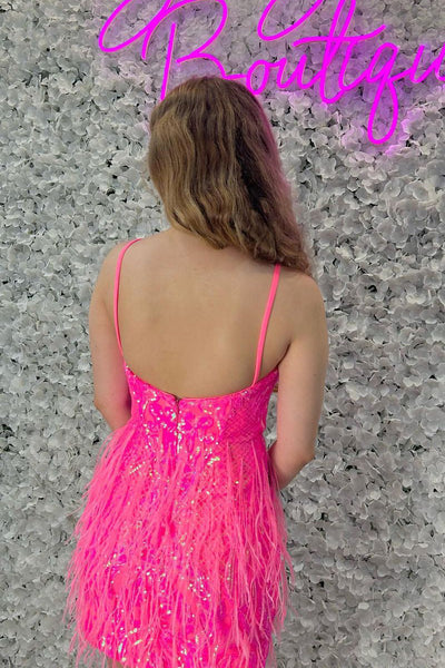 Hot Pink Sequins Lace Tight Homecoming Dresses with Fringe VK23081307