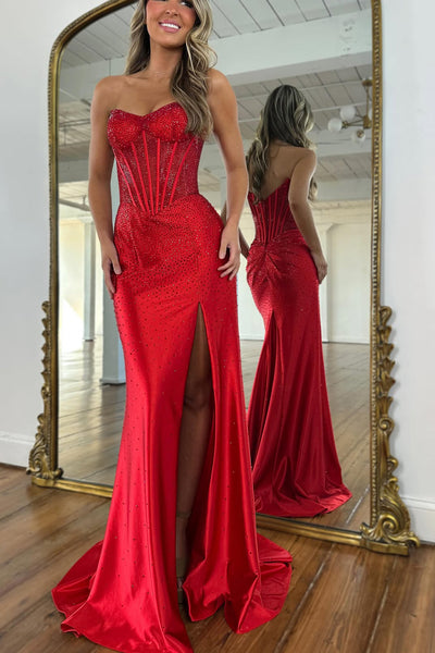 Mermaid Scoop Neck Red Hot Fix Satin Prom Dress with Slit VK26010101
