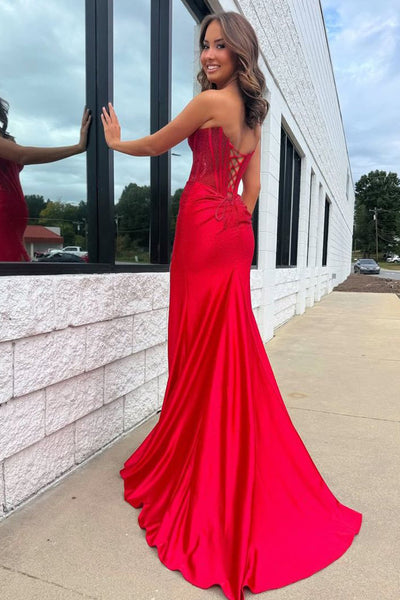 Mermaid Scoop Neck Red Hot Fix Satin Prom Dress with Slit VK26010101