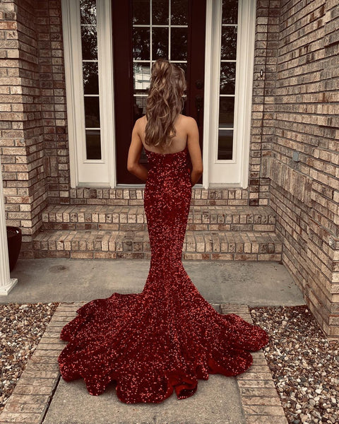 Charming Mermaid V Neck Red Sequins Long Prom Dresses VK23051902