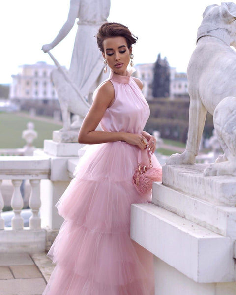 Cute Ball Gown High Neck Pink Tulle Te Length Prom Dresses VK23050510