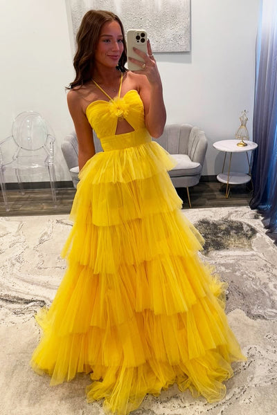 Cute A Line Straps Yellow Tulle Tiered Prom Dress VK020305