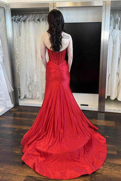 Mermaid Sweetheart Red Satin Prom Dress with Hot Stone VK1106