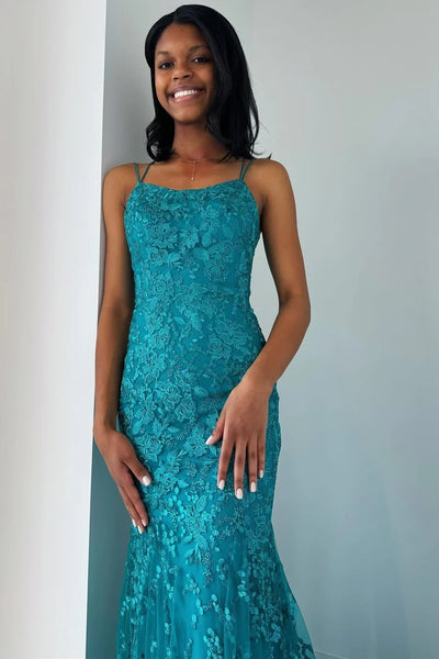 Turquoise Appliques Lace-Up Trumpet Long Prom Dress VK24011306