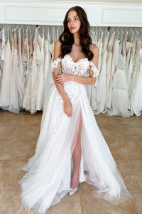 Charming A Line Off the Shoulder Tulle Wedding Dresses with Slit VK23062005