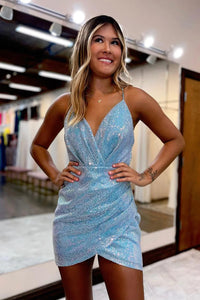 Sparkly Blue Sequins Asymmetrical Tight Short Homecoming Dress VK23082601
