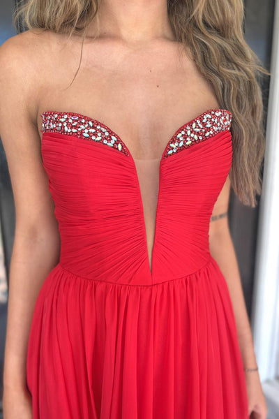 Fairy A Line V Neck Red Chiffon Prom Dresses with Beading VK25112302