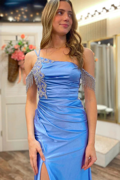 One-Shoulder Blue Fringes Mermaid Long Formal Dress with Slit VK23122405