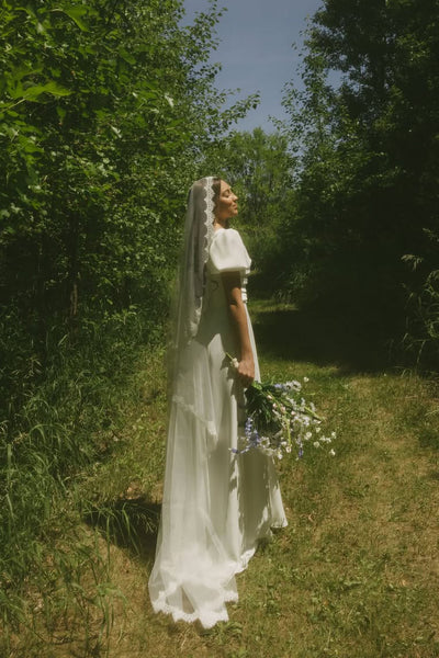 A-Line Square Neck Short Sleeve Silk Satin Wedding Dresses VK25092307