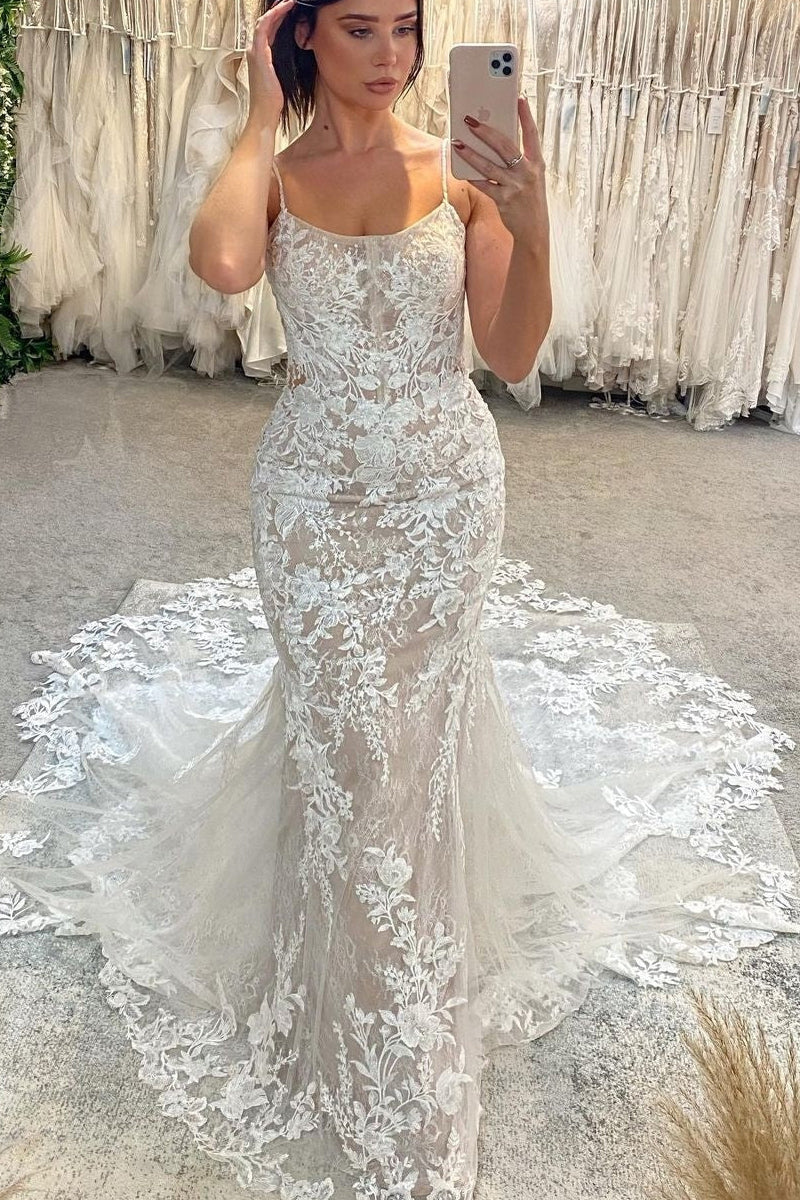 Elegant Mermaid Scoop Neck Lace Wedding Dresses VK23052006