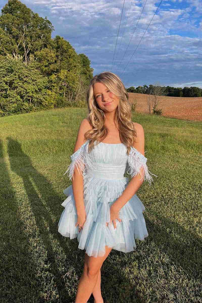 Cute Pink A Line Feather Tulle Homecoming Dresses VK23061601