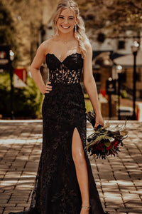 Cute Mermaid Sweetheart Black Lace Long Prom Dresses with Slit VK23050803