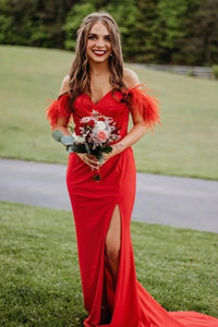 Charming Mermaid V Neck Red Satin Long Prom Dresses with Feather VK23051009