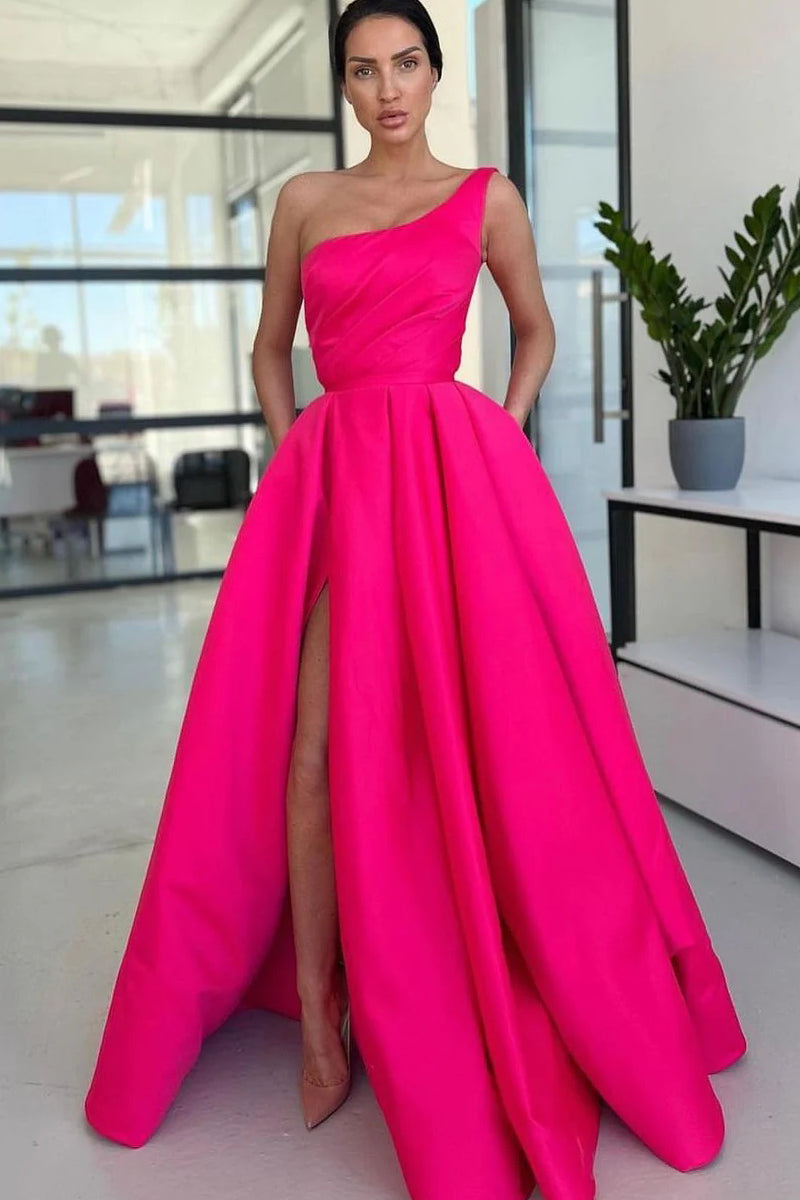 Charming A Line One Shoulder Red Sequins Long Prom Dresses with Slit VK103103