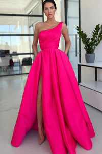 Charming A Line One Shoulder Red Sequins Long Prom Dresses with Slit VK103103