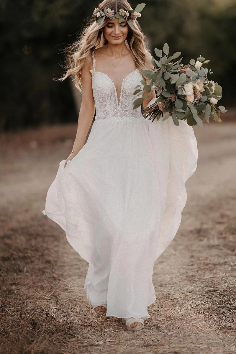 Fairy A Line V Neck Chiffon Long Wedding Dresses with Appliques VK23052603