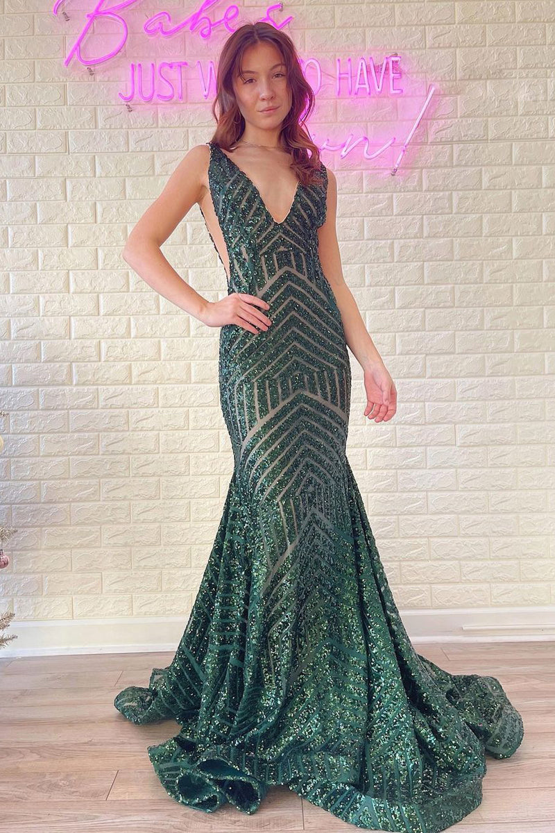 Charming Mermaid V Neck Dark Green Long Prom Dresses VK23012005