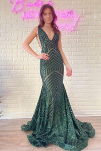Charming Mermaid V Neck Dark Green Long Prom Dresses VK23012005