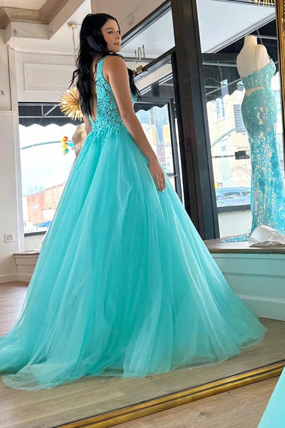 Teal A-Line V Neck Tulle Long Prom Dresses VK23091006