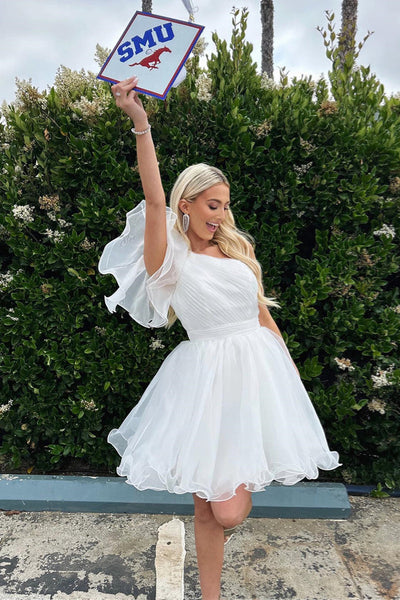Cute White One Shoulder Ruffle Tulle Homecoming Dress VK23061702