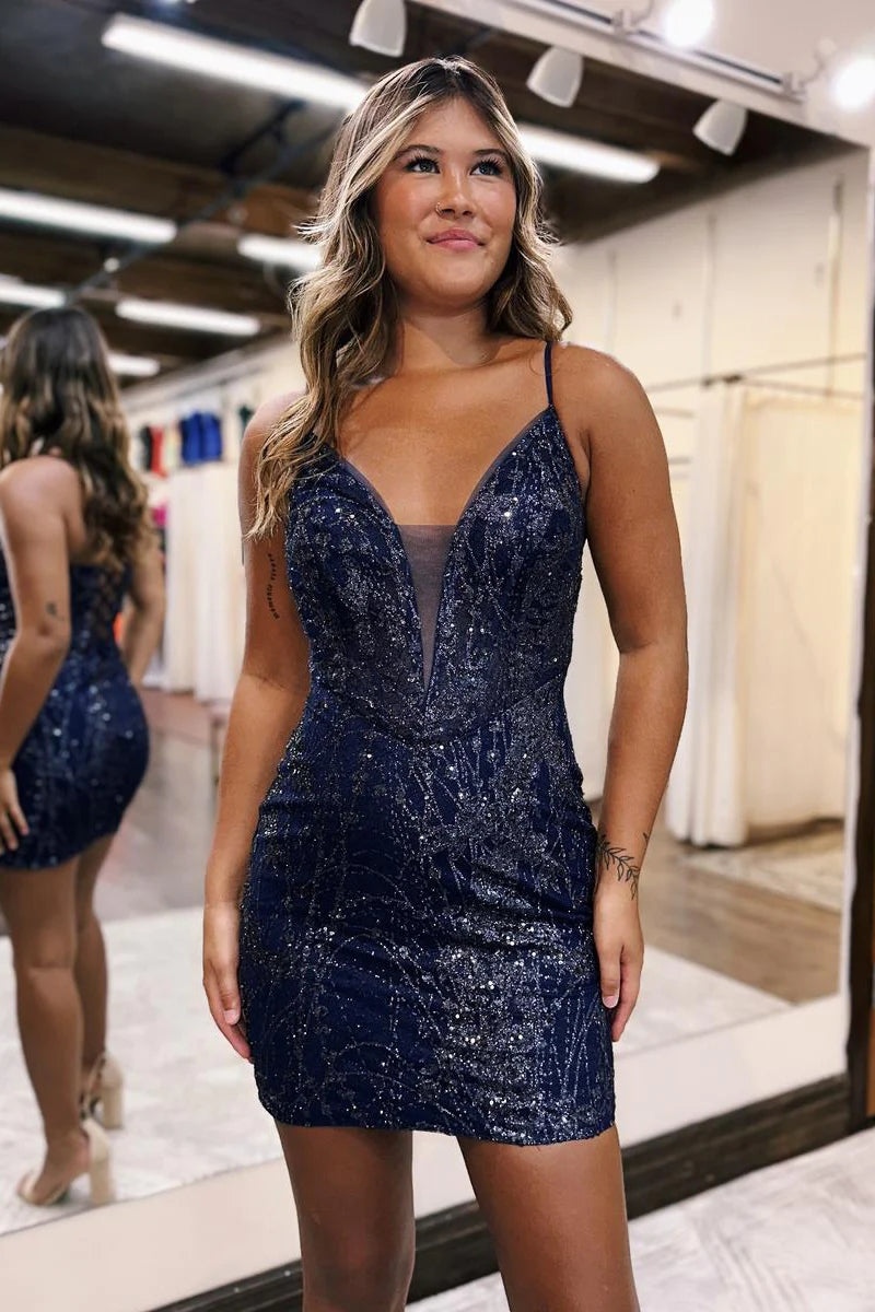 Navy Blue Sequin Lace V Neck Short Tight Homecoming Dress VK23090305