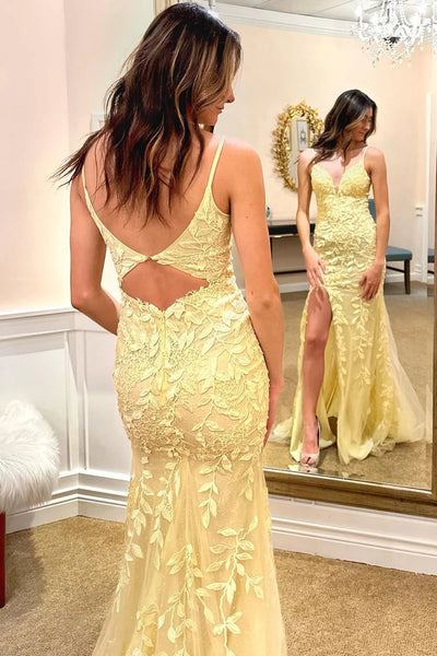 Spaghetti Straps Yellow Long Prom Dress with Appliques VK23101306