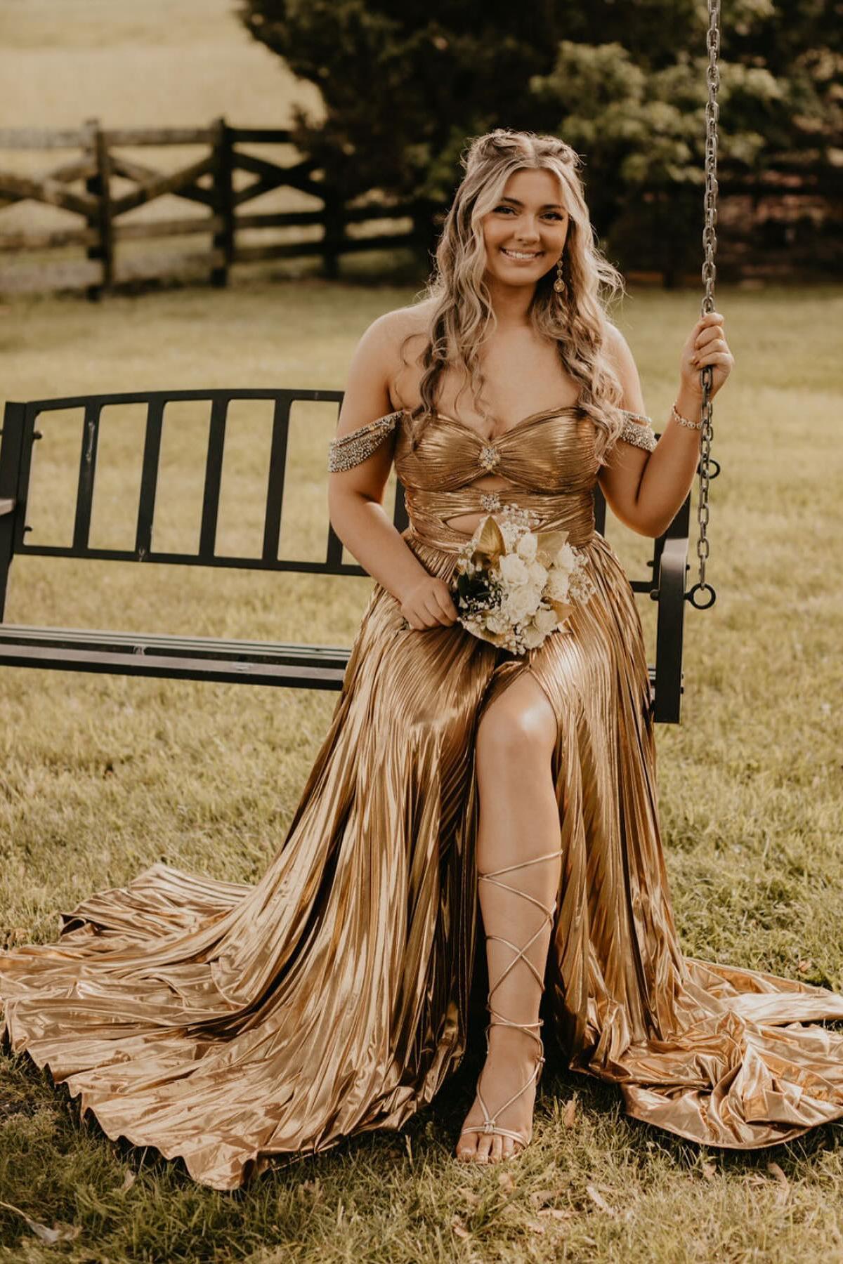 Cute A Line Off the Shoulder Gold Metallic Pleated Slit Prom Dresses