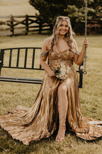 Cute A Line Off the Shoulder Gold Metallic Pleated Slit Prom Dresses