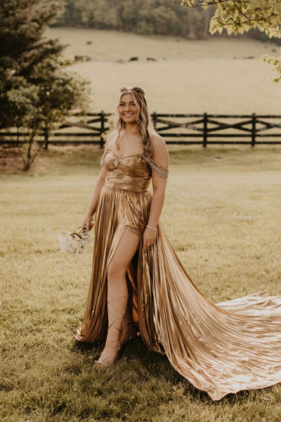 Cute A Line Off the Shoulder Gold Metallic Pleated Slit Prom Dresses
