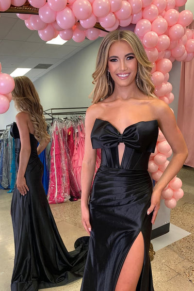 Mermaid Strapless Keyhole Black Satin Long Prom Dresses with Slit VK021304