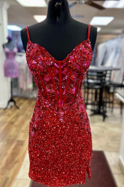Red Sequin Lace Spaghetti Strap Short Gown with Slit VK23080705