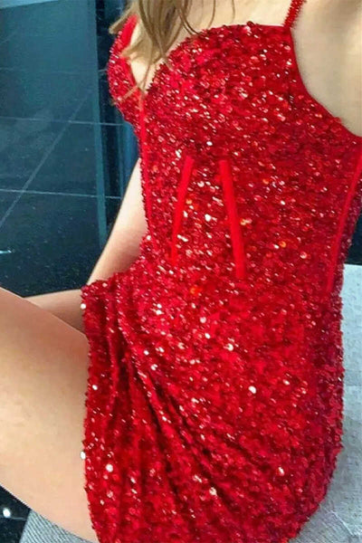 Red Sequin Bustier Spaghetti Straps Tight Homecoming Dress VK23092001