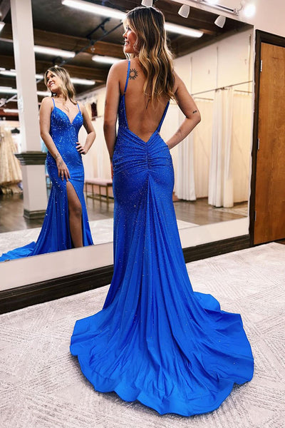 Royal Blue Beaded V Neck Mermaid Long Prom Dresses with Slit VK23122808