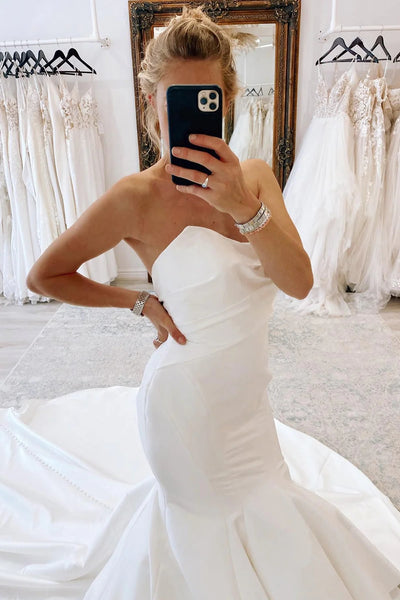 Simple Mermaid Sweetheart White Satin Wedding Dresses VK23082504