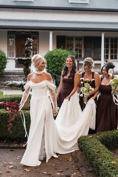 Fairy A Line Off the Shoulder Satin Long Wedding Dress with Slit VK25060904