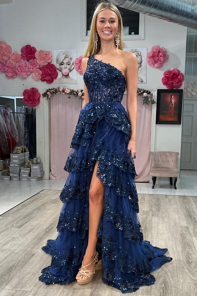 Unique One Shoulder Gold Sequin Tulle Ruffle Tiered Long Prom Dress with Slit VK23122101