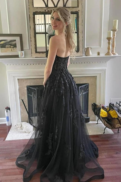 Black Corset A-Line Tulle Long Prom Dress with Lace VK23100308