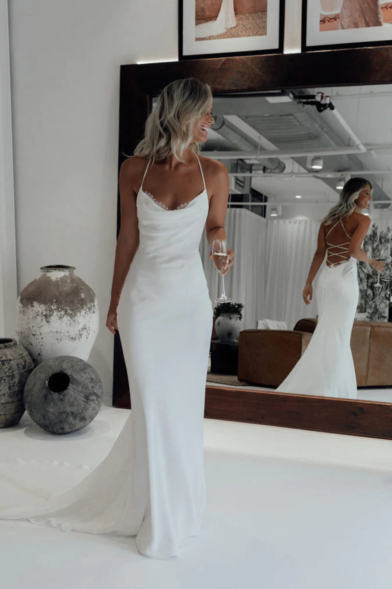 Free Shipping Rush order White Mermaid Wedding Dresses,Halter Sain Lace Bridal Wedding Gown VK1010001