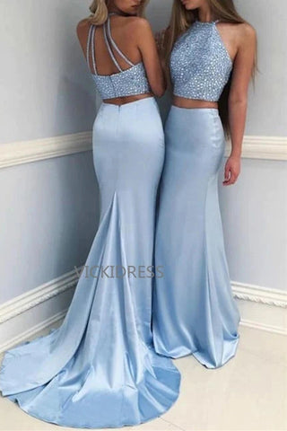 Mermaid Halter Sweep Train Satin Sky Blue Prom Dresses With Rhine Stones VK0112034