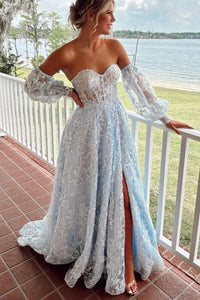 Sparkly A Line Sweetheart Light Blue Sequins Lace Long Prom Dresses with Slit VK23051104