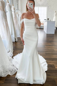 Elegant Mermaid Off the Shoulder Elastic Satin Long Wedding Dresses VK23052607