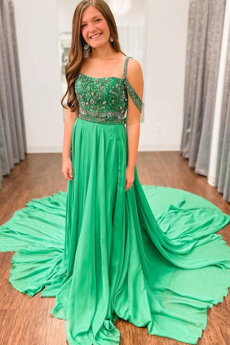 Charming A Line Off the Shoulder Green Chiffon Long Prom Dresses with Beading VK113002
