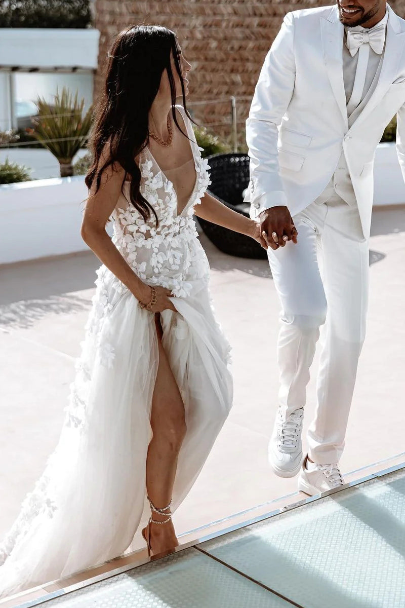 Bohemian A Line V Neck Tulle Wedding Dresses with 3D Appliques VK23051702