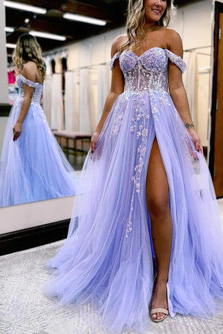 Cute A Line Off the Shoulder Lavender Tulle Prom Dresses with Slit VK122002